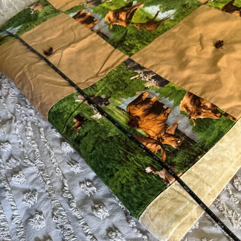 Handmade Vintage Moose Patchwork Quilt Blanket Brown Green Rustic Cabin Lodge